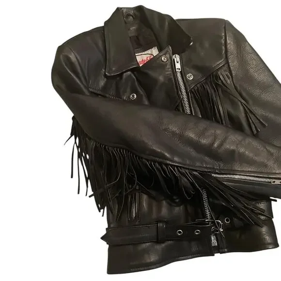 Black fringe vintage route 66 leather jacket - Picture 6 of 7